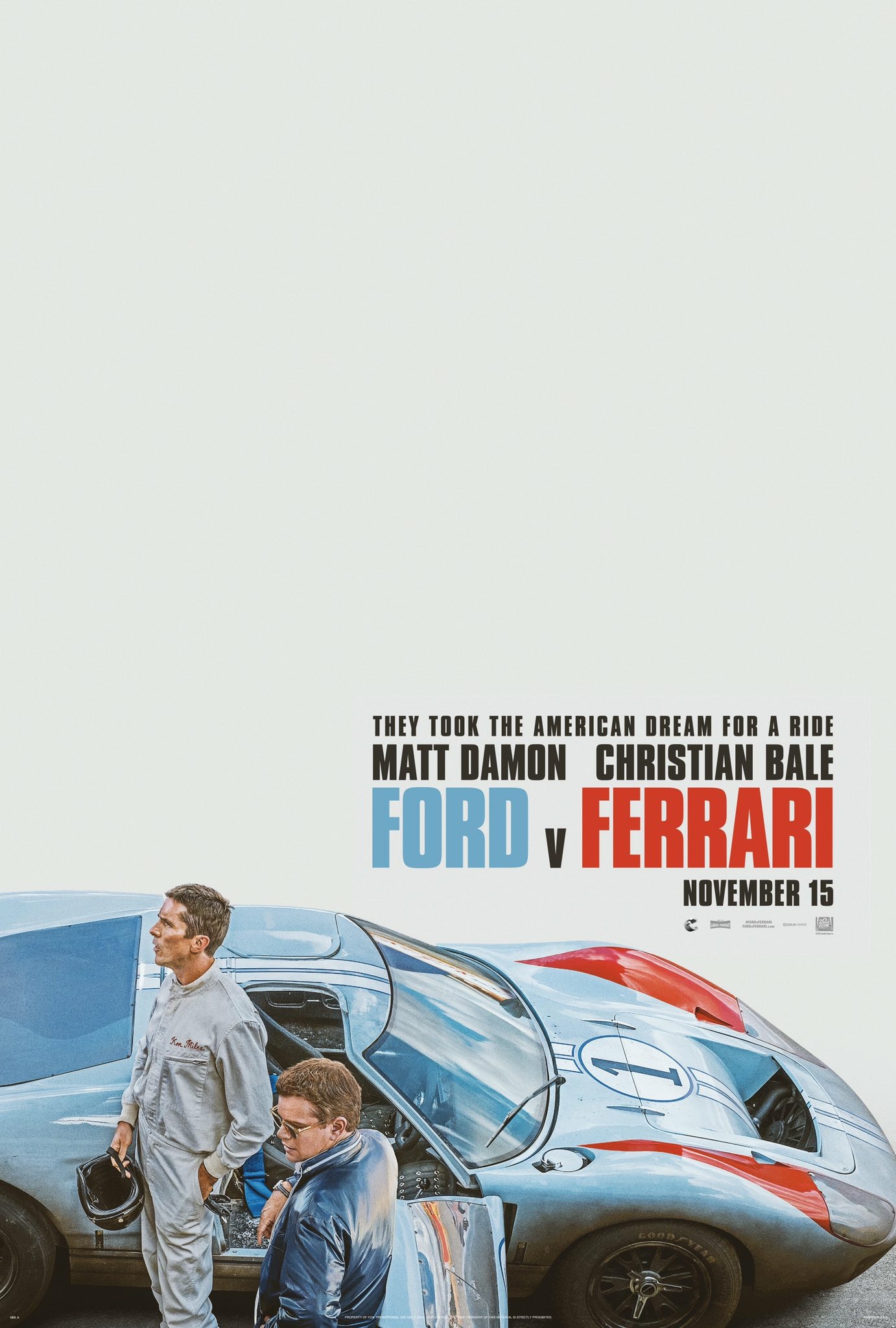 Кристиан Бэйл и Мэтт Деймон на постере драматического байопика «Форд против Феррари»